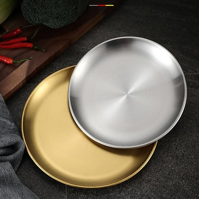 Stainless Steel Food Trays, Round Flat Dish Bread Pastry Baking Pan, Tea and Bar Serving Tray Party Cake Dessert Plate, Silver,L(26x20x2cm)