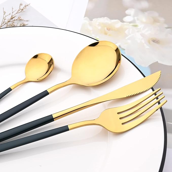 40 Pcs Silverware Set With Teaspoon For 10, Food Grade Stainless Steel Utensils Tableware Set, Elegant & Simple Flatware Serving Set Include Knife Fork Spoon, Mirror (Green Gold)