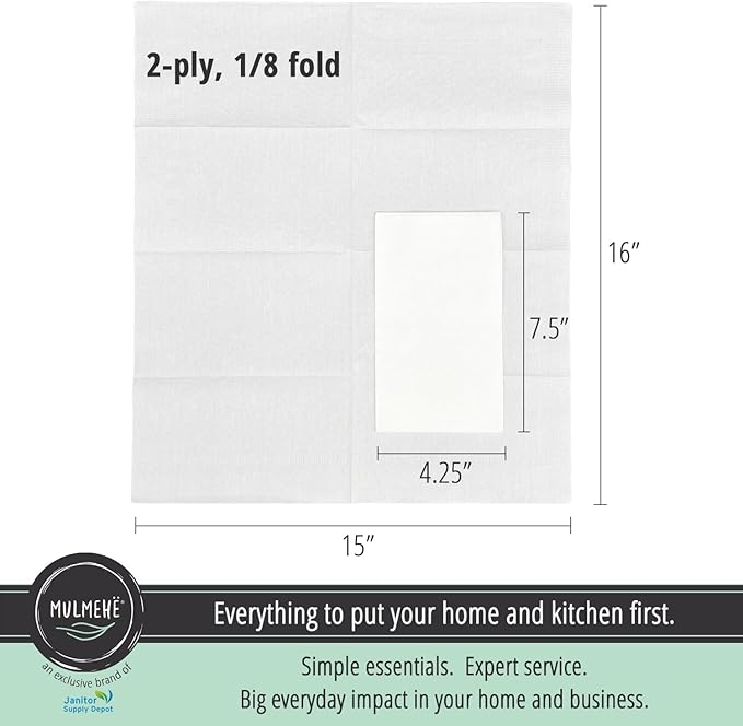 MULMEHË Premium 2-Ply 1/8 Fold Dinner Napkin for Restaurants, Catering, Home, and Events, 15x16", White, 150 Pack