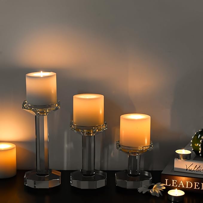 kitCom Crystal Candle Holders Set of 3, Crystal Candlestick Holders for Taper, Long Candles - Home Decoration, Wedding, Housewarming and Graduation Gifts