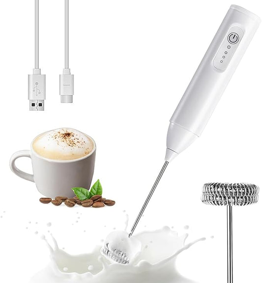 Rechargeable Milk Frother Handheld, USB-C Coffee Foam Maker with Stainless Steel Whisk ＆ 3 Speeds, Coffee Frother Electric Hand Drink Mixer Stirrer for Matcha, Hot Chocolate,Frappe,Powder Drink(White)