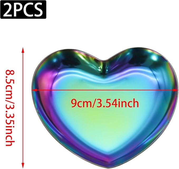 PINE & LINEN 2pcs Colorful Jewelry Dish,3.5inch Stainless Steel Heart Trinket Tray Decorative Plate,Small Serving Tray for Home Decor/Decor Enthusiasts