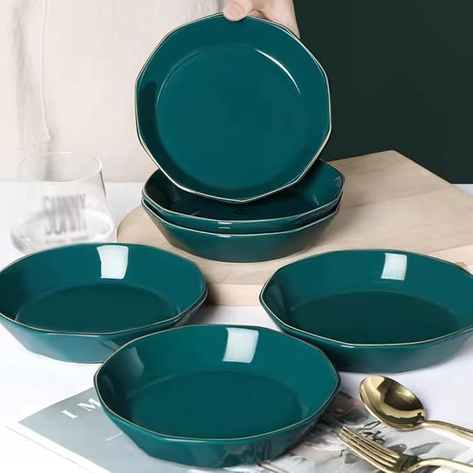 SONGCHAO Party Supplies Nordic Light Luxury Ceramic Plate Dish Plate Home Tableware Set Dark Green Gold Edge Plate Creative Dessert Plate Party Plates (Color : 8inch, Size : 6pcs)