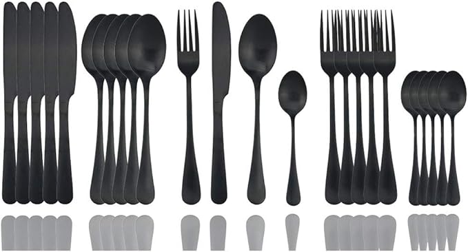 JASHII Matte Black Silverware Set, Satin Finish 24-Piece Stainless Steel Flatware Set,Kitchen Utensil Set Service for 6,Tableware Cutlery Set for Home and Restaurant, Dishwasher Safe (Black full)