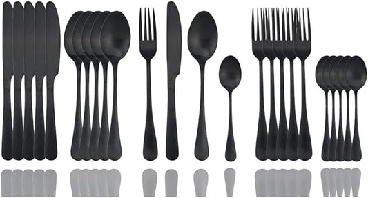 JASHII Matte Black Silverware Set, Satin Finish 24-Piece Stainless Steel Flatware Set,Kitchen Utensil Set Service for 6,Tableware Cutlery Set for Home and Restaurant, Dishwasher Safe (Black full)