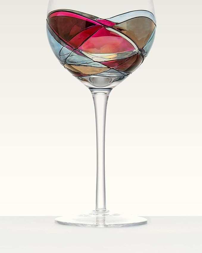 Victoria Barcelona Wine Glasses Hand-Painted Stemmed 14 oz Luxury Gift Women & Men Unique Art Gaudi Inspired by Sagrada Familia Red Murano Stained Glass Christmas Wedding Birthday Anniversary (Set 1)