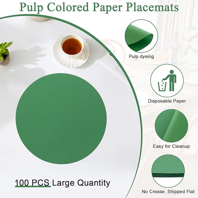 SHACOS 100 pcs Round Paper Placemats Disposable 13 inch Colored Paper Place Mats for Wedding Birthday Party Bridal Baby Shower Events Table Decoration, Dark Green
