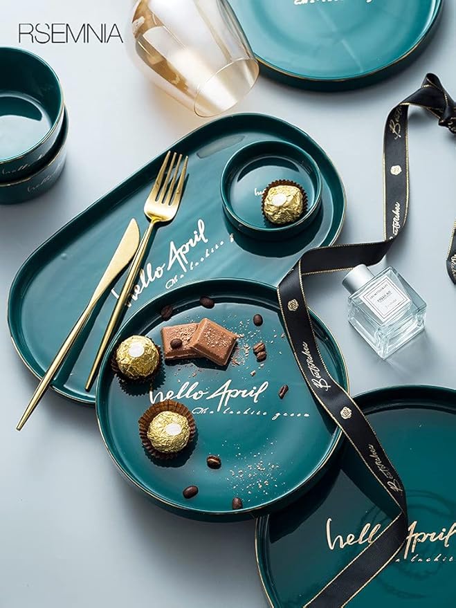 Nordic Dark Green Dinnerware Set Creative European Ceramic Tableware with Bowl Plate Service for 6，Green white-36pcs