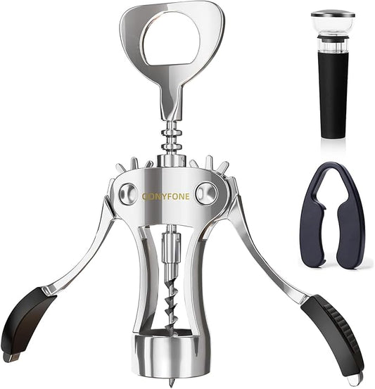 Wing Corkscrew Wine Opener, Premium Zinc Alloy Manual Bottle Opener, Heavy Duty Multifunctional Tool for Kitchen, Bar, Restaurant & Waiters (Polished Silver)