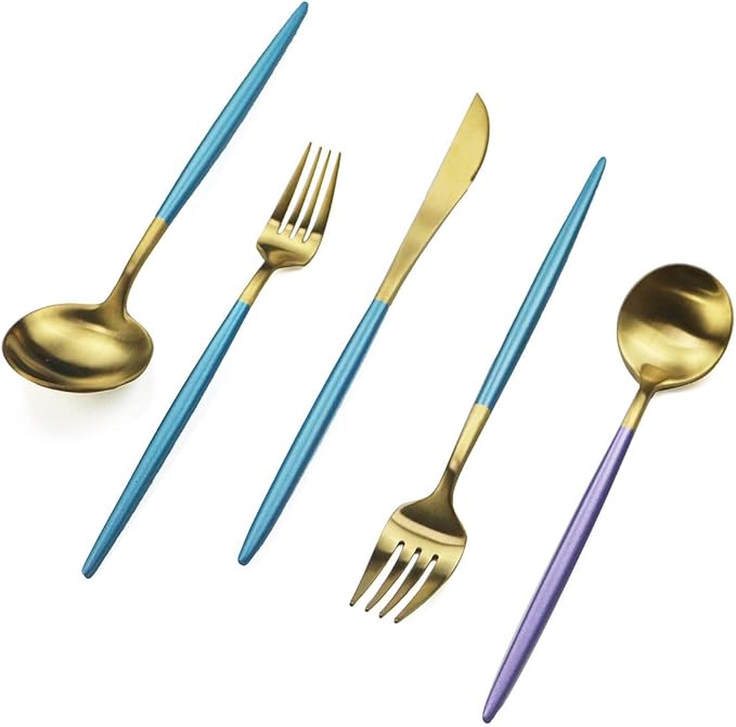 Gugrida Blue Gold Flatware, Royal 40 Pieces Matte Blue Handle 18/10 Stainless Steel Cutlery Sets for 8 Including Forks Spoons Knives, Camping Silverware Travel Utensils Set Tableware