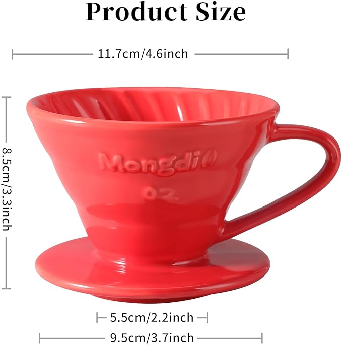 Mongdio Ceramic Pour Over Coffee Dripper, Reusable Porcelain Portable Pour Over Coffee Maker, Slow Brewing Accessories with 1 Holes for Home - Size 02 Red