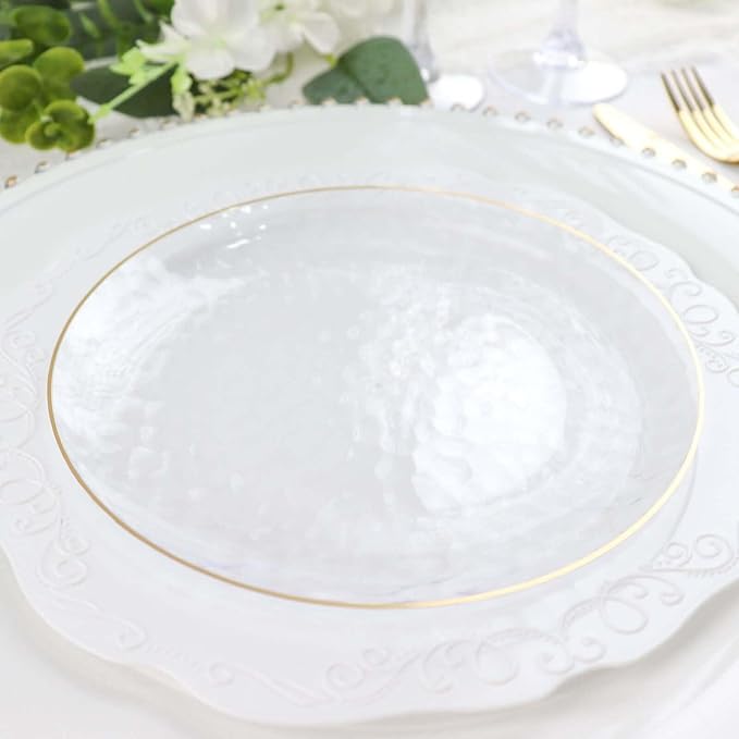Efavormart 10 Pack | Clear Hammered 7" Round Plastic Dessert Appetizer Plates With Gold Rim, Disposable Salad Party Plate