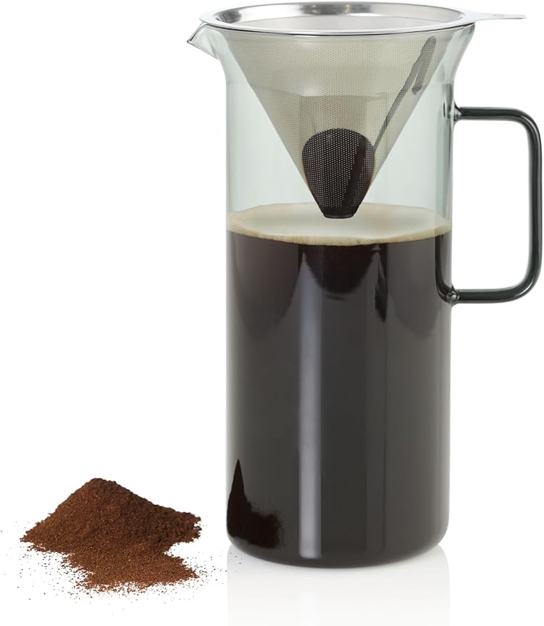 AdHoc Pour Over Coffee Maker - Manual Brewer for Ground Coffee - Reusable Stainless Steel Filter - Heat-Resistant Glass Coffee Dripper - Dishwasher Safe