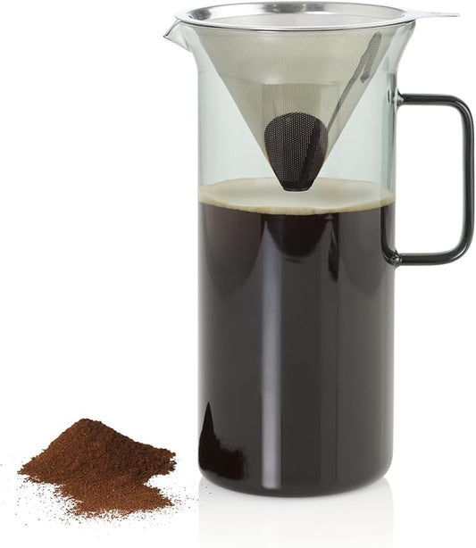 AdHoc Pour Over Coffee Maker - Manual Brewer for Ground Coffee - Reusable Stainless Steel Filter - Heat-Resistant Glass Coffee Dripper - Dishwasher Safe
