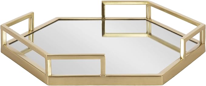 Kate and Laurel Gohana Mirrored Hexagon Tray with Gold Metal Handles, 16 x 18, Mirrored Glass and Gold, Modern Glam Serving Tray with Handles for Living Room Decor