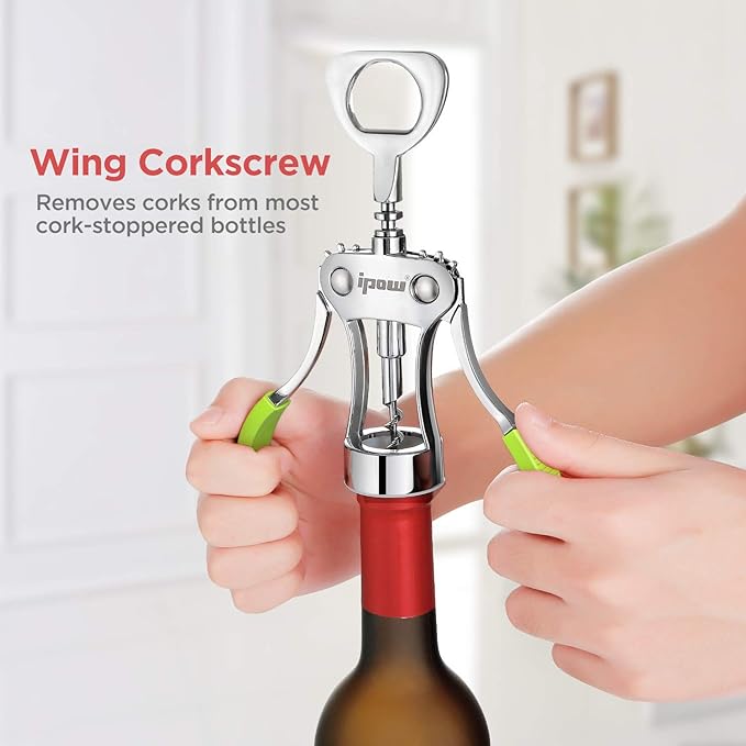 IPOW Wine Opener, Zinc Alloy Wine Bottle Opener, Wing Corkscrew Heavy Duty, Manual Multifunctional Cork Screw for Waiter, Green