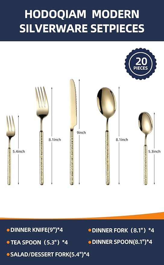 20-Piece Silverware Set, Stainless Steel Flatware Set for 4, Modern Hammered Utensil Tableware Set Include Dinner Knife/Fork/Spoon, Mirror Finish, Dishwasher Safe (20, champagne gold)