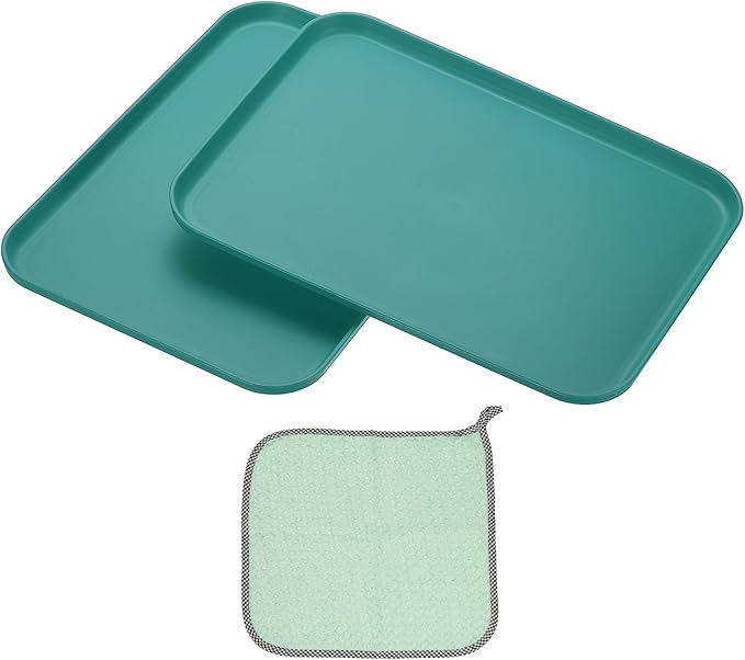 PATIKIL 12x8.7 Plastic Tray, 2 Pack Rectangular Plates Small Food Tray Wheat Plates Dishes Reusable Dessert Plate Trays with Cloth for Cake Fruits Salad Cupcake Steak Serving Dark Green