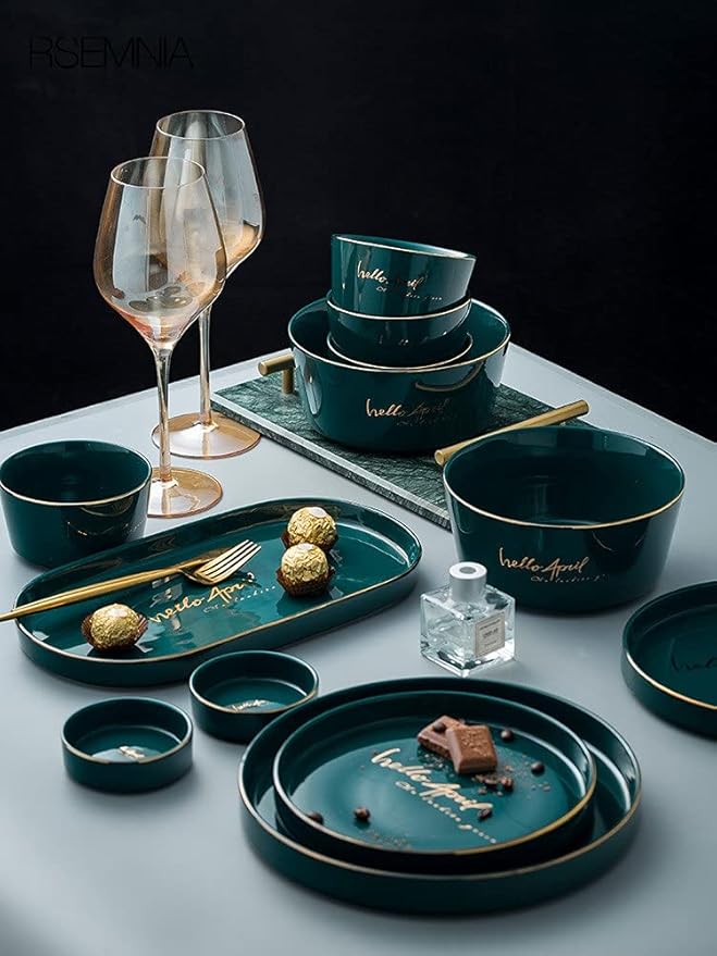 Nordic Dark Green Dinnerware Set Creative European Ceramic Tableware with Bowl Plate Service for 6 (Color : Green white, Size : 26pcs)