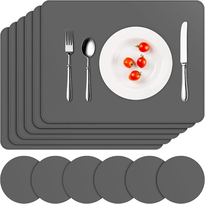 Vinyl Placemats Set of 6, Faux Leather Heat Resistant Kitchen Place Mats, Waterproof Wipeable Dining Table Mats and Coasters for Indoor, Outdoor (Gray)
