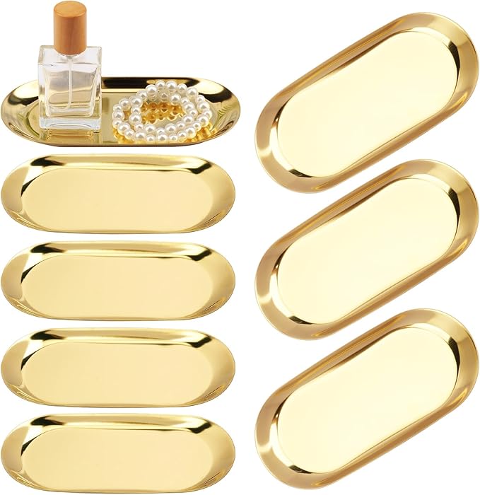 10 Pack 7 Inch Oval Stainless Steel Decorative Tray, Stainless Steel Tea Fruit Tray, 7 inch Gold Oval Trays for Bathroom Vanity, Jewelry, Perfume & Key Organizer (Gold)