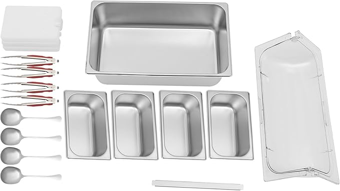 4 Pans Countertop Food Serving Display Container, Stainless Steel Flip-Top Fruit Tray with Clear Roll Top Cover, Buffet Chilled Condiment Container for Restaurant Hotel Kitchen