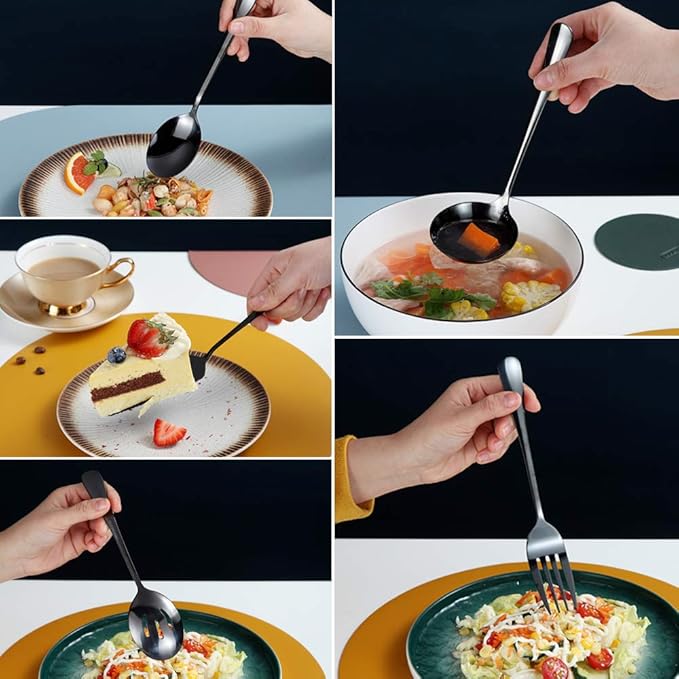 Black 10-Piece Serving Flatware Set, Stainless Steel Serving Utensil Set, Includes Slotted Spoon, Cake Server, Fork, Soup Ladle