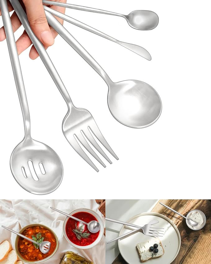 Stainless Steel Serving Set, Ollex 5-Piece Dishwasher Safe Silver Serving Utensil Set with Matte Serving Spoon,Slotted,Sugar Spoon,Butter Knife Serving Utensil for Parties Buffet