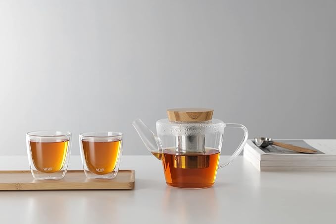 Viva Infusion Borosilicate Glass Tea Pot for Stovetop with Loose Leaf Tea Infuser Mesh - 34 ounce/1 Liter - Modern Teapot Features Bamboo Wood Lid, Tea Maker for Blooming