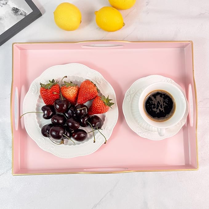 Pink Serving Tray with 4 Handles, Plastic Decorative Tray for Coffee Table, Ottoman - Ideal for Living Room & Bathroom. 15” x 11” x 1.9”