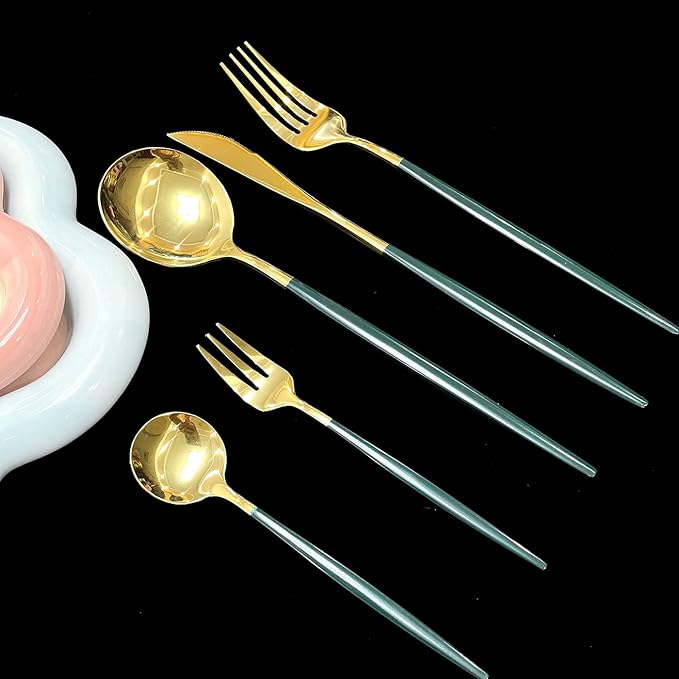 Gugrida 30Pcs Mirror Polish White Handle Silver Spoon Cutlery Set 304 Stainless Steel Dinnerware Set Kitchen Tableware Set Fruit Cake Fork Flatware Silverware Table Set,Service for 6