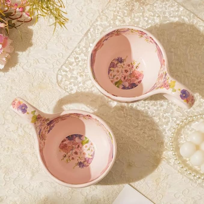 16.91oz/500ml Handpainted Soup Bowl with Handle,Ceramic Cereal Bowl Microwave & Dishwasher Safe,Loop Handle Bowl Great for Soup,Yogurt,Snack,Chip,Stew,Ice Cream,Coffee (Hollyhock-Pink)