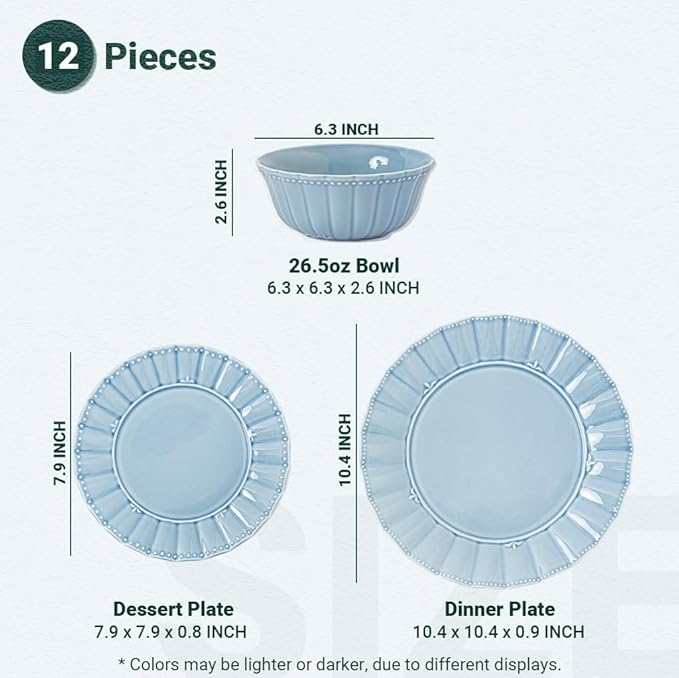 HOMBENE Dinnerware sets, 12 Piece plates and bowls sets for 4, Ceramic dish set, Porcelain dish set, Premium kitchen decor, Microwave and Dishwasher Safe, Celestial Blue