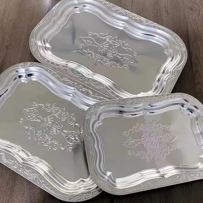 Silver Embossed Cutlery Serving Tray Set Of 3 Pieces Stainless Steel 30cm 35cm 40cm For Wedding Events Parties Large Gatherings Food Display Decorative Elegant