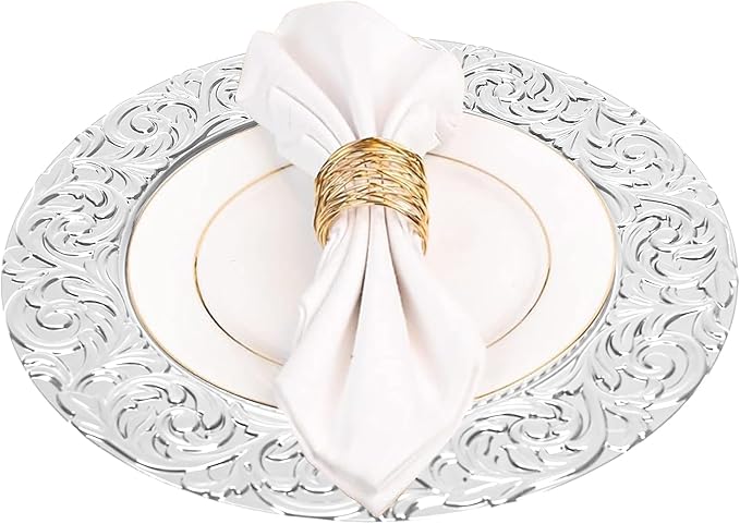 Sliver Plastic Charger Plates Set of 100,13” Reusable Party Chargers for Dinner Plates, Elegant Round Service Plate Chargers Bulk Decorative for Wedding, Catering Table Decor