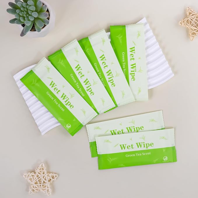 Hand Wipes Travel Size, 100 Pcs Individually Wrapped Wet Wipe Napkins for Wedding, Barbecue, Restaurant, Green Tea Scent