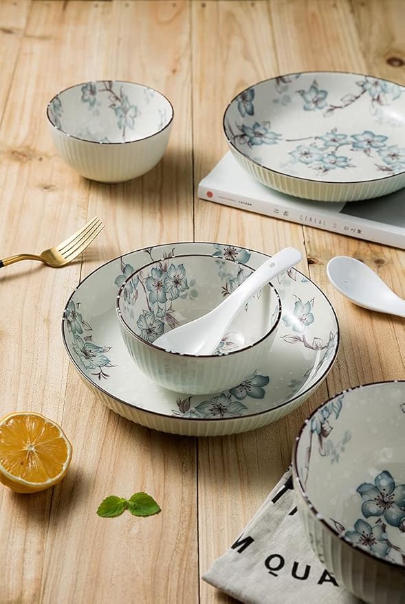 Ceramics Dinnerware Set, 16 Pcs Modern White Underglaze Color Dinner Set, Porcelain Bowls and Plates Sets, Stoneware Dishes Set, Tableware Combination Set - Plates/Bowls/
