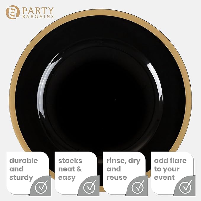 PARTY BARGAINS 13-Inch Charger Plates - 16 Pack, Black Gold Rim, Heavy-Duty Disposable Chargers for Elegant Dining - Ideal for Weddings and Formal Events