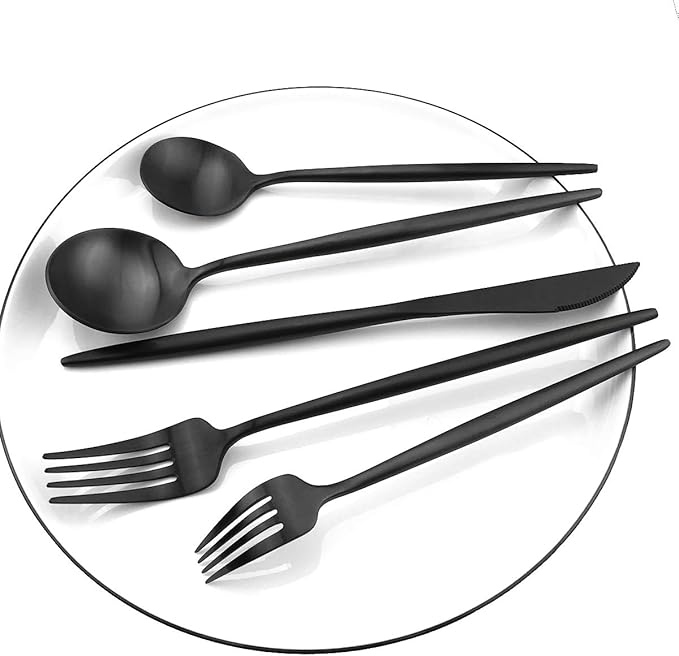 Gugrida Black Flatware, Royal 5 Piece Luxury Matte Finish 18/10 Stainless Steel Tableware Sets for 1 Including Forks Spoons Knives, Camping Silverware Travel Utensils Set Cutlery (Black)