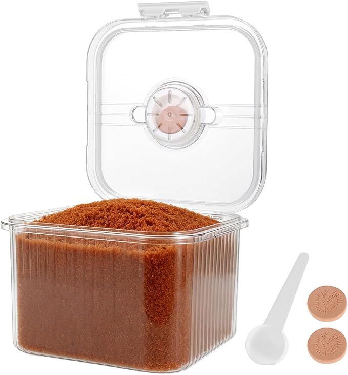 Airtight Brown Sugar Container 5.2Qt(5L) Large Brown Sugar Keeper Storage Container with Spoon Plastic Clear food Saver Jar Canisters with lid for home kitchen Rice Container Baking Salt Snack