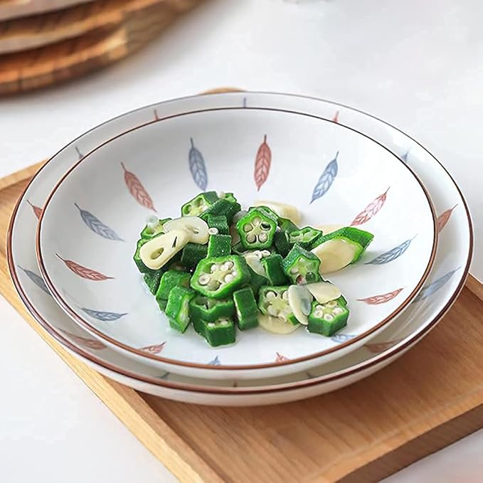 Kitchen tableware set,Ceramics Dinnerware Set, 32 Pcs Retro White Underglaze Color Dinner Set, Plates and Bowls Set with Leaf Pattern for Restaurant Family Gathering