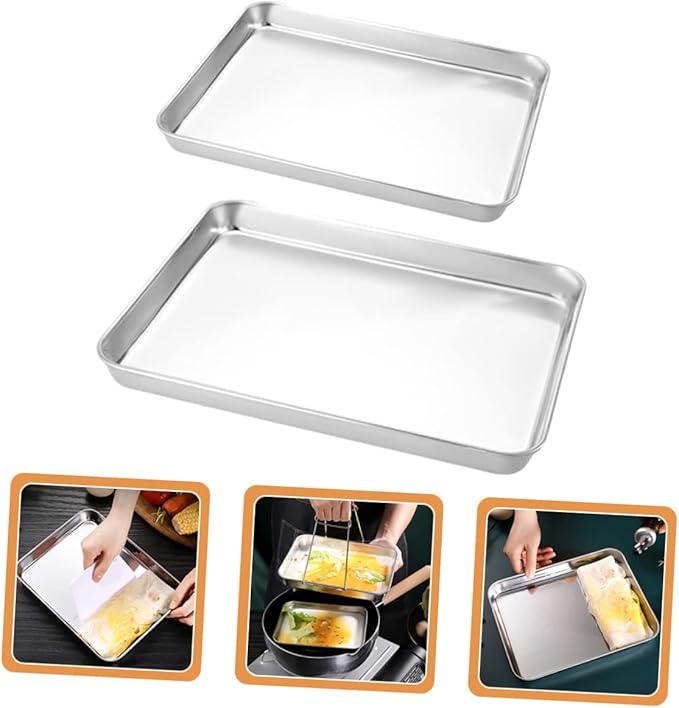 2Pcs Square Stainless Steel Steamer Trays Deep Multi-Functional Kitchen Food Plates for Barbecue and Cooking Non-Stick Easy to Clean Suitable for Parties and Home Use
