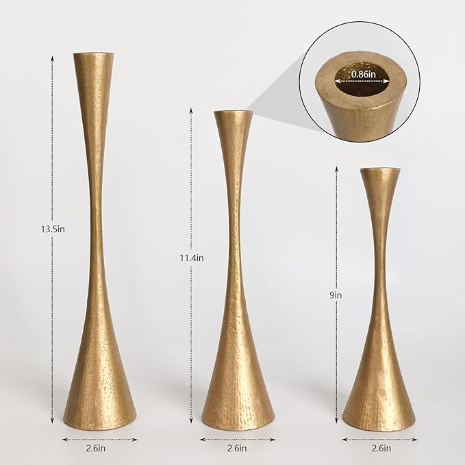 Antique Brass Iron Taper Candle Holders - Set of 3 Decorative Candle Stands for Weddings, Dinners & Parties - Elegant Candlestick Holders with Vintage Finish