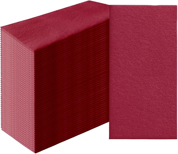 PAW - 50-Pack Disposable Burgundy Linen-Feel Guest Towels 8" x 4" Folded, European Quality Hand Towels, Elegant Dinner Napkins for Special Occasions - Wedding, Birthday, Holiday, Bridal Shower