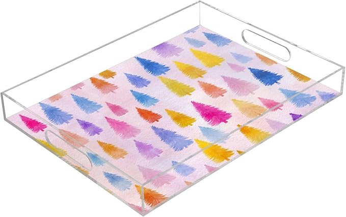 Serving Tray with Handles Clear Acrylic Tray 12x16 Inch Decorative Rectangular Tray Organizer for Ottoman Coffee Table Bathroom Colorful Christmas Tree