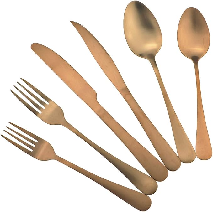 Gugrida 24-Piece Titanium Rose Gold Plated Stainless Steel Flatware Set, Travel Cutlery Include Knife Fork Spoon Service for 4,Healthy & Eco-Friendly Silverware - Matte Elegant Modern Eating Utensils