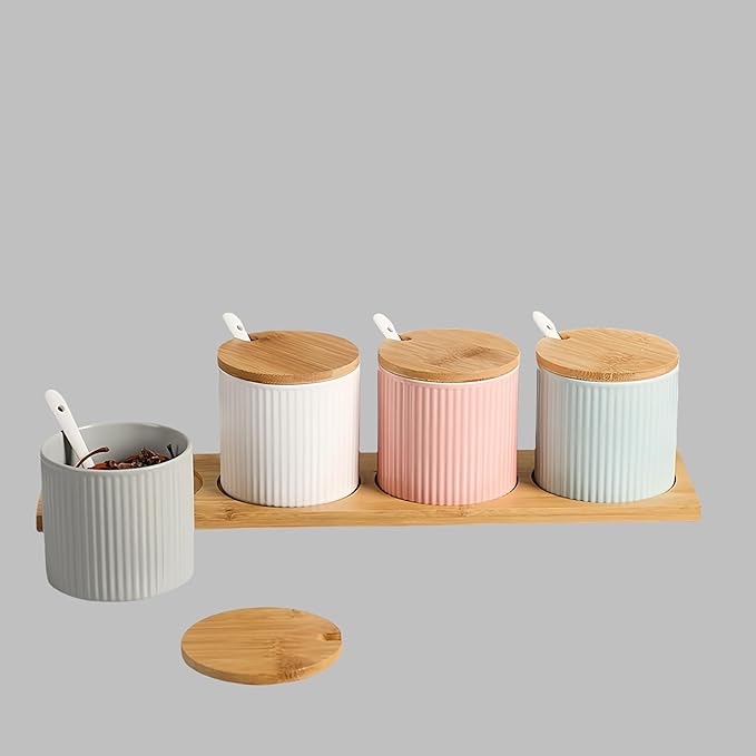 300ml Ceramic Sugar Bowl,Porcelain Salt Bowl Condiment Jar Spice Container with Bamboo Lids Porcelain Spoon,Spice Jar Seasoning Condiment Pot for Home Kitchen (Green)