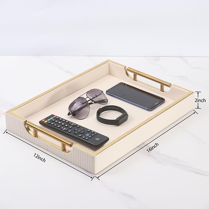 Wooden Structure Leather Decorative Tray With Brushed Champagne Gold Handle - Square Coffee Table Farmhouse Counter PU Serving Storage Tray (White)