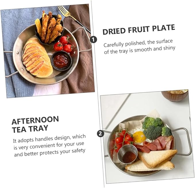 VOSAREA 1pc Stainless Steel Dessert Plate Double Handles Serving Dish for Restaurant Hotel Family Dinner