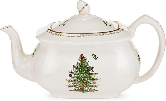 Spode Christmas Tree Gold Teapot - Elegant 36 Oz Porcelain Tea Pot with Infuser, Festive 22K Gold Accents, Christmas Tree Design - Dishwasher Safe Teapot for Holiday Tea Parties and Gifts